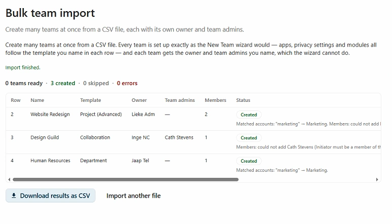 TeamHub batch importer result