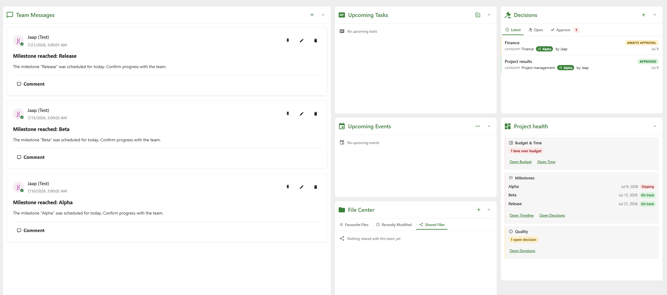 TeamHub team messages board with pinned announcements and threaded discussion