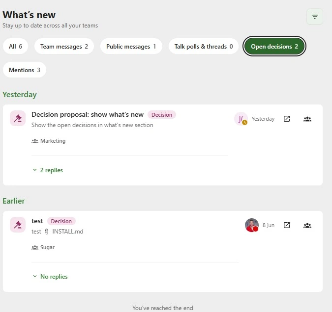 The Open decisions tab active in What's new. The feed is narrowed to open decisions while the other source tabs keep their own counts.
