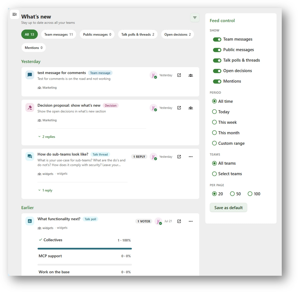 What's new, full view. Source tabs carry their own counts: All 13, Team messages 11, Public messages 0, Talk polls and threads 2, Open decisions 2, Mentions 0. Yesterday and Earlier day sections hold a team message, an open decision, a Talk thread and a Talk poll with live result bars. The Feed control rail on the right has Show toggles, Period, Teams, Per page and Save as default.
