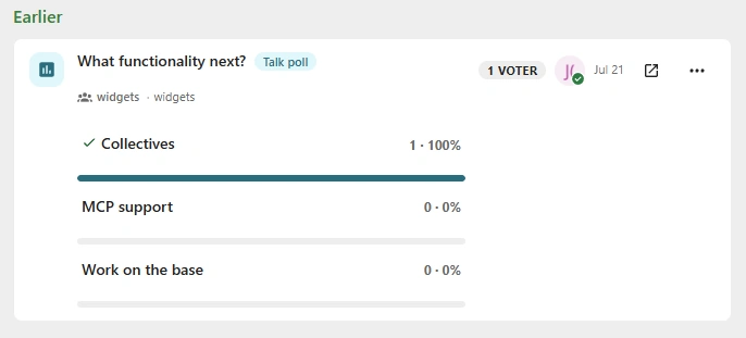 A Talk poll card inside the What's new feed, showing the options, live percentage bars and a check mark on the option that was picked.